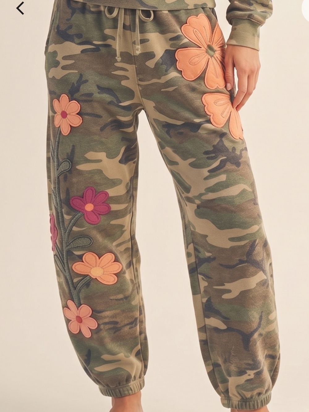 BF92–(ETA 10/30) 🖤🤎💚Floral Camo Joggers with Pink & Orange Appliqués